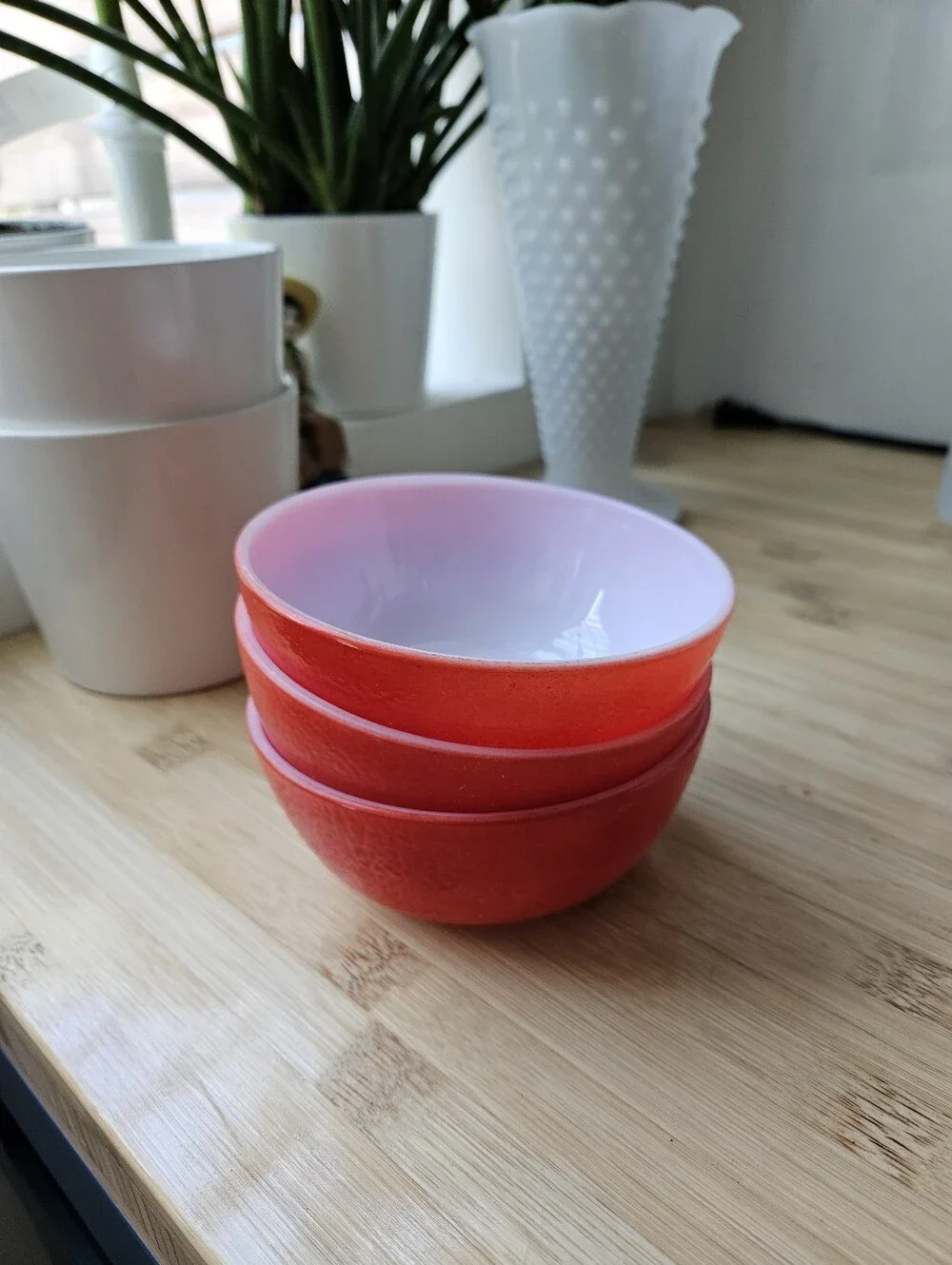 Hazel Atlas MCM Milk Glass Orange Peel Texture Red 4.8 in Cereal Bowl Set of 3